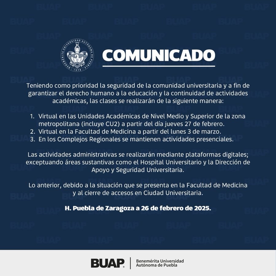BUAP anuncia clases virtuales y suspende el STU; conoce los detalles