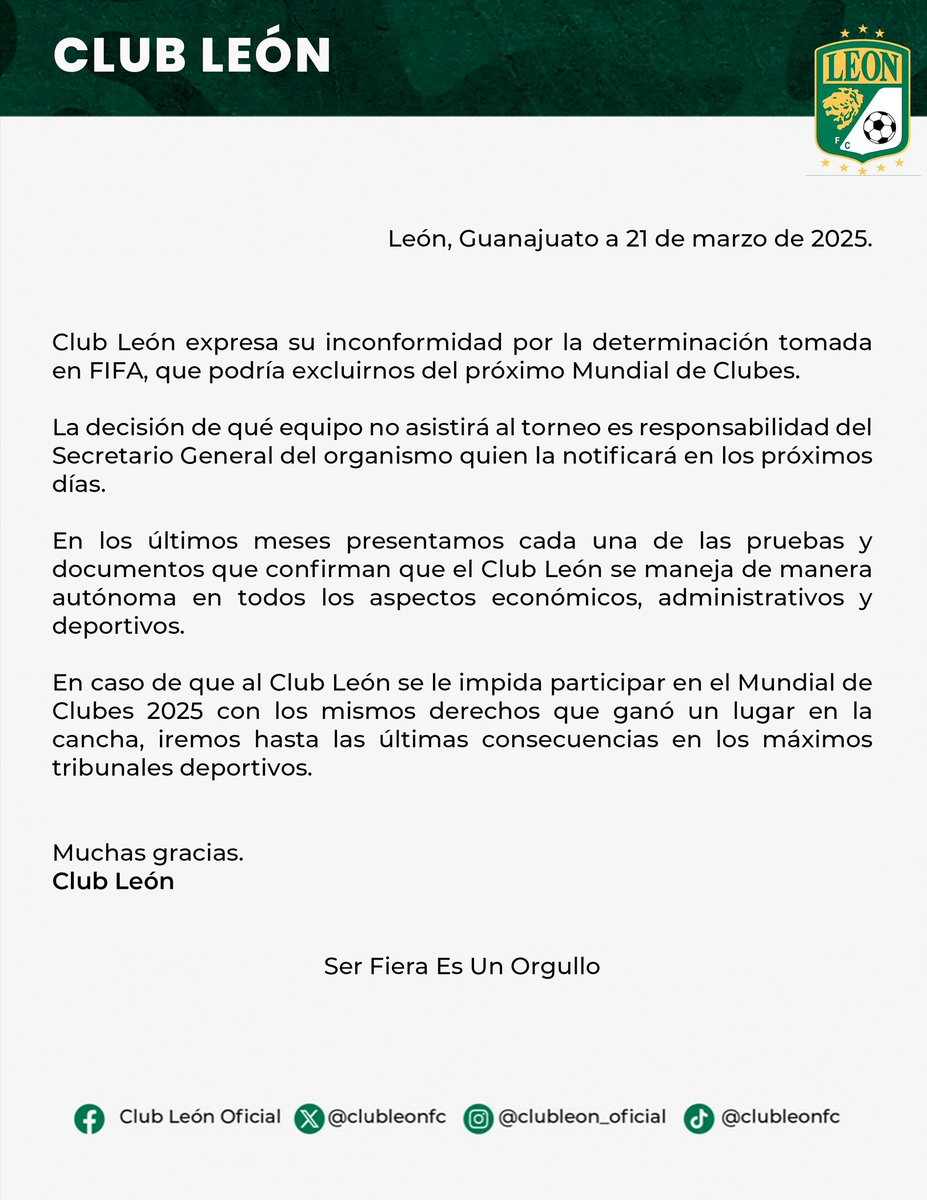 FIFA excluye al Club León del Mundial de Clubes 2025
