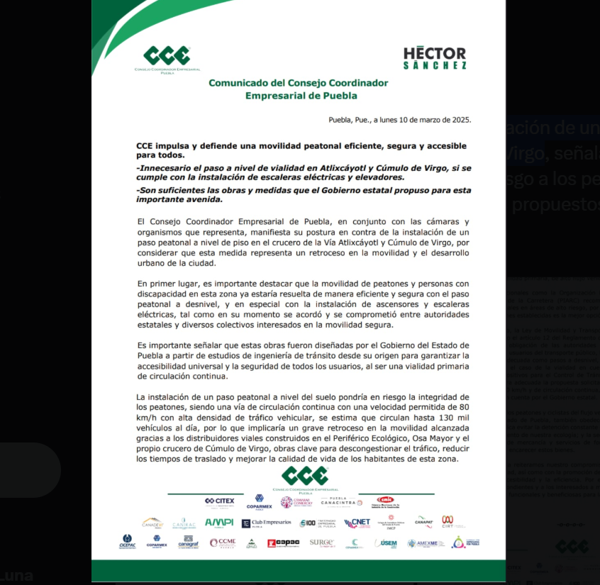 CCE rechaza paso peatonal a nivel en Vía Atlixcáyotl