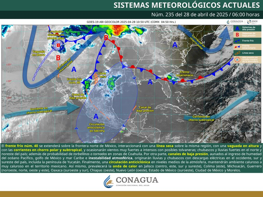 Frente frío 40 traerá fuertes vientos, torbellinos y calor extremo en México