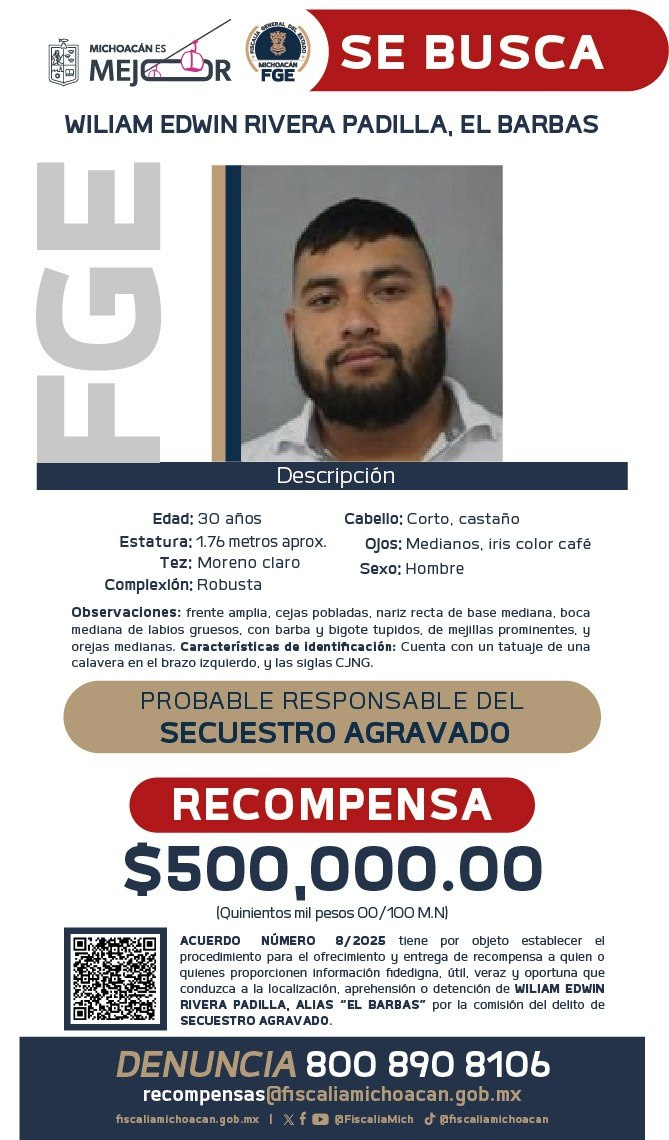 Ofrecen medio millón de pesos por “El Barbas”, jefe del CJNG