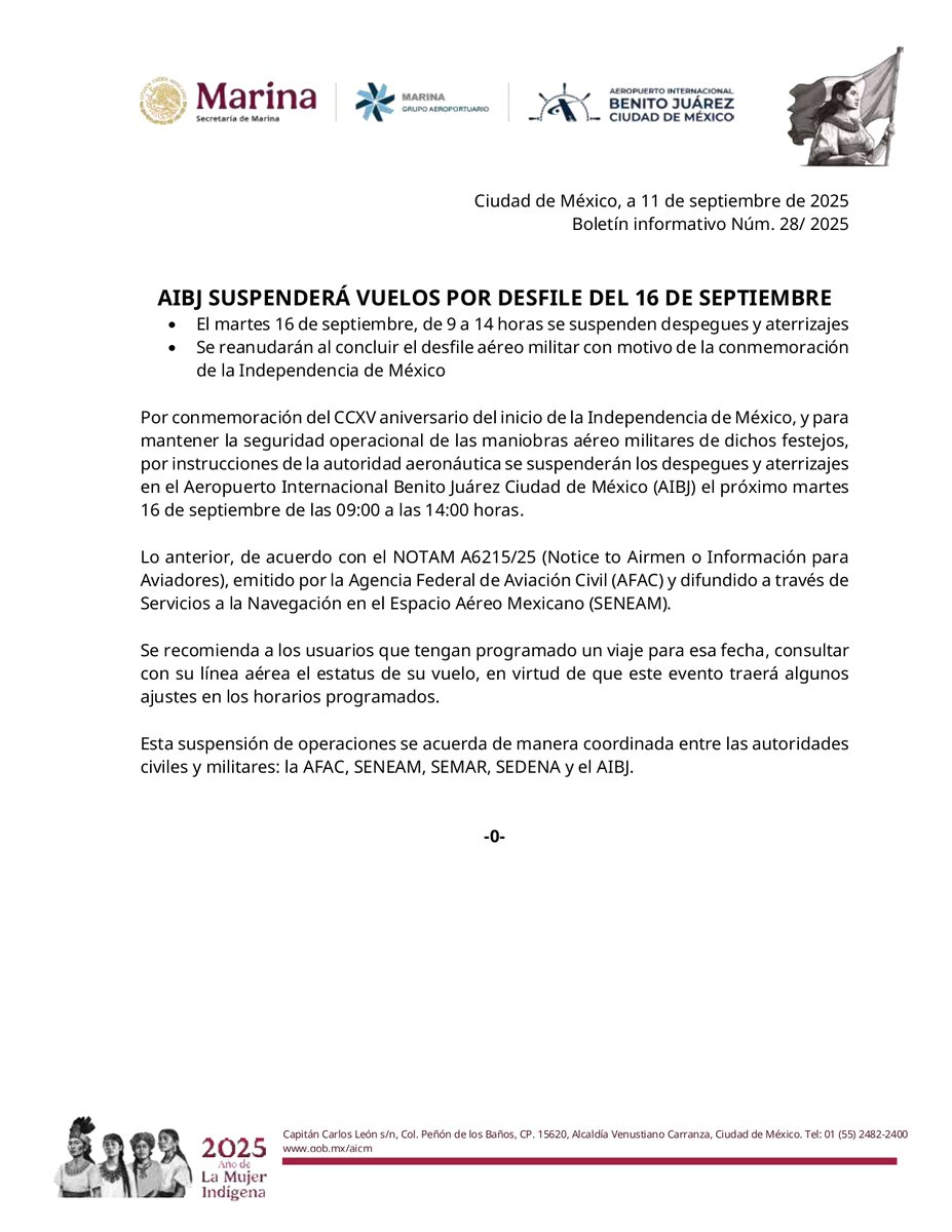 AICM suspenderá vuelos durante el desfile militar