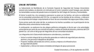 UNAM mantiene suspendidas las clases en CCH Sur